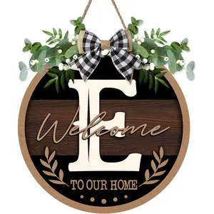 Monogram Letter E Front Door Sign, Welcome to Our  Family Last Name Initial Wooden Hanger Decor Housewarming Wedding Gifts,  Rustic Wreath Indoor Wall  Decoration with Bow
