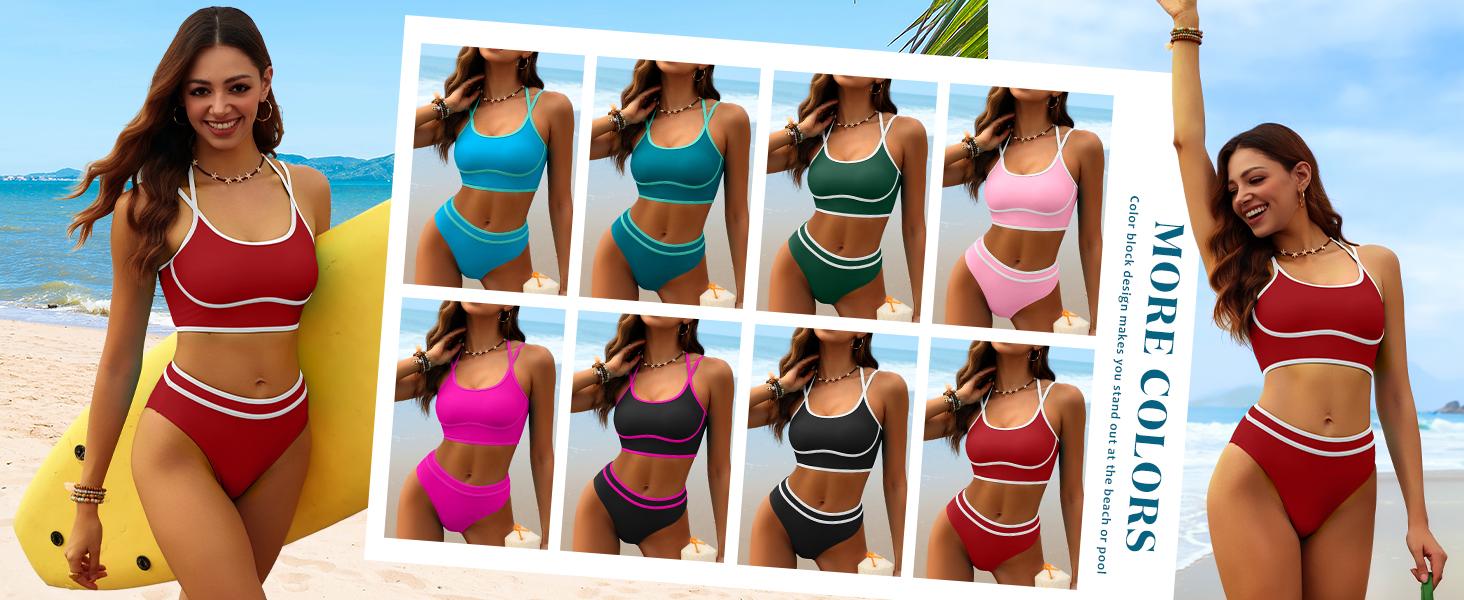 ANRABESS Womens Halter Bikini Set Color Block Sporty Swimsuits Two Piece High Waist Bathing Suit Sexy Summer Beach Swim Suits