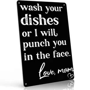 Wash Your Dishes Or I Will Punch You In The Face Love Mom 12x8 Inch Aluminum Metal Sign - Funny Kitchen Wall Decor for Home, RV, Dorm - Modern Black Tin Sign Gift for Moms, Family, Housewarming
