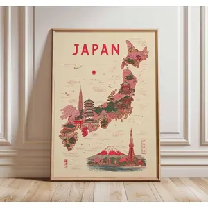 Vintage Japan Map Poster - Japanese Landmarks Illustration Wall Art For Travel S
