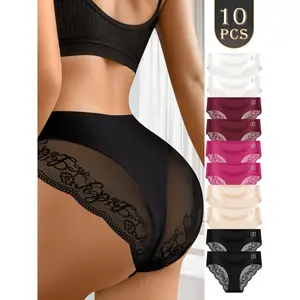 QUASTI 10 Pack Women's Seamless Lace Trim Panties, Mid-Rise Breathable Underwear, Super Soft Comfortable Briefs, No-Show Everyday Sexy, S-XXL