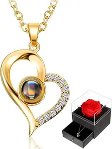 Mother's Day Necklace Gift for Girlfriend I Love You in 100 Languages Projection Necklace with Preserved Red Real Rose Flowers in Box for Women Mom