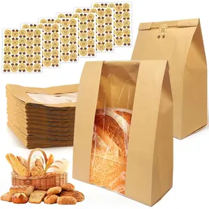 130 Pack Large Bread Bags for Homemade Sourdough Bread -  Paper Storage Bakery Bags with Clear Window Bonus 150 Seal Stickers for Sourdough Sandwich (13.7x8.2x3.5 Inches, Brown)