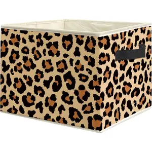 Leopard Bin Box with Handles, Funky Leopard Print Foldable Laundry Basket for Girls Room Dorm Bedroom Home Clothes Toys Books
