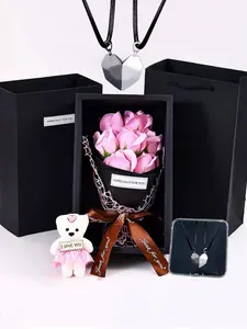 Artificial Rose Gift Box Heart-Shaped Couple Necklace Set, Rose Box with Teddy Bear Doll, Anniversary New Year Valentine's Day Present