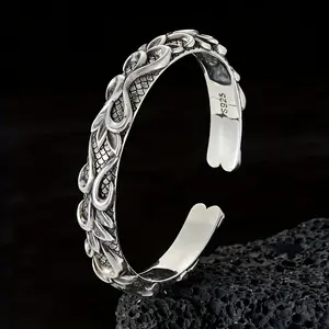 Retro 925 sterling silver bracelet with open dragon design and 3D relief texture design, suitable for daily wear and holiday gifts