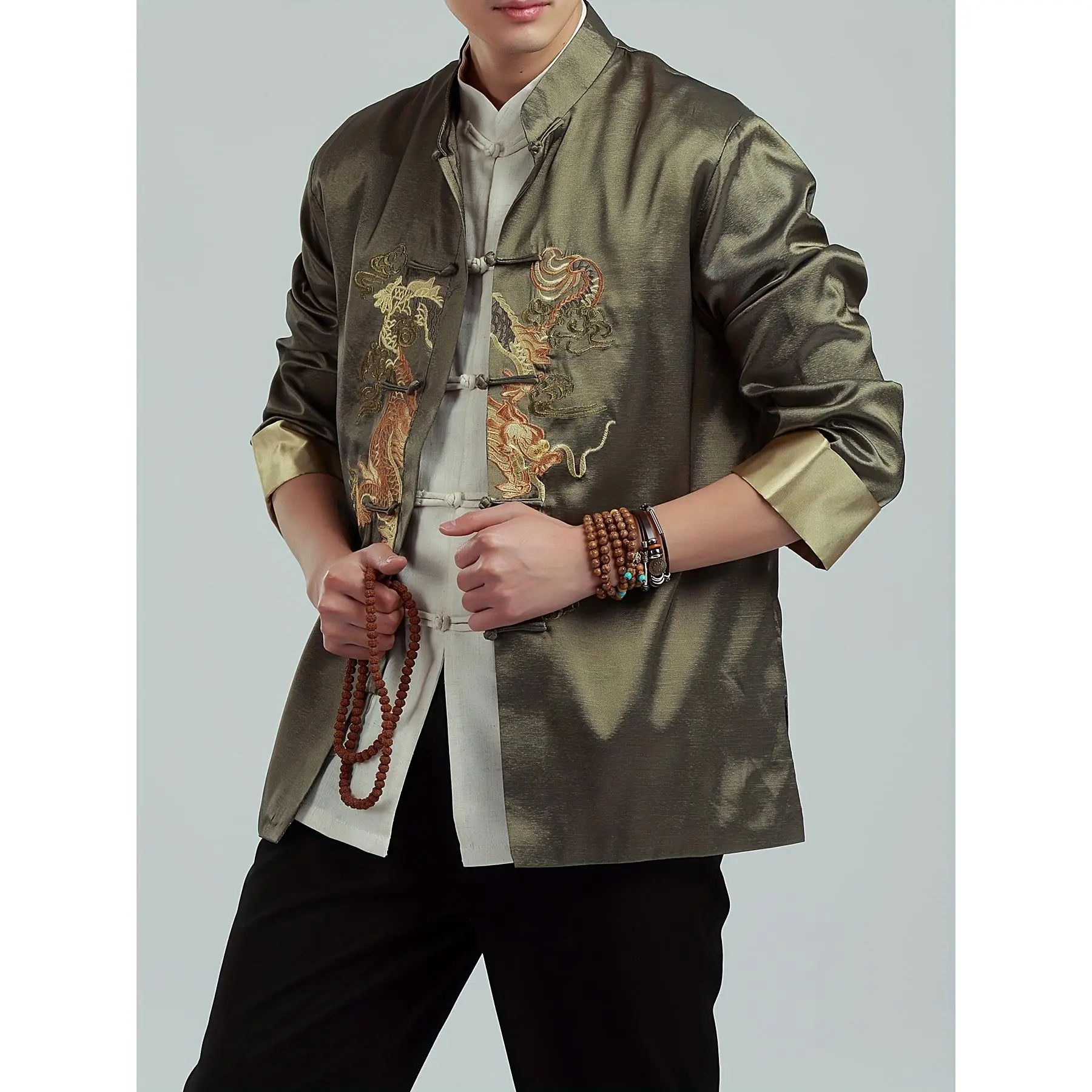 Men'S Traditional Chinese Tang Jacket - Embroidered Dragon Design, Long Sleeve, Polyester, Casual Style for Spring & Fall, Spring Fashion | Embroidered Jacket | Traditional Chinese Jacket, Chinese Size, Please Check The Size Guide Carefully
