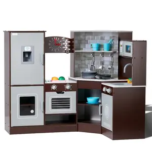 Brown Corner-Type Wooden Play Kitchen Toy Set for Toddlers - Lighted Sounds, Ice Maker, Oven, Sink, Clock, Microwave, Refrigerator & Accessories