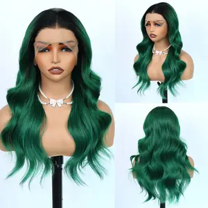 Aodbar hairs Christmas Ombre Green Color Long Wavy Wig 22 Inch Heat Resistant Fiber 13x4 Transparent Lace Pre Plucked Natural Hairline Black and Dark Green Color Long Deep Wave Wig for Daily Use for Christmas