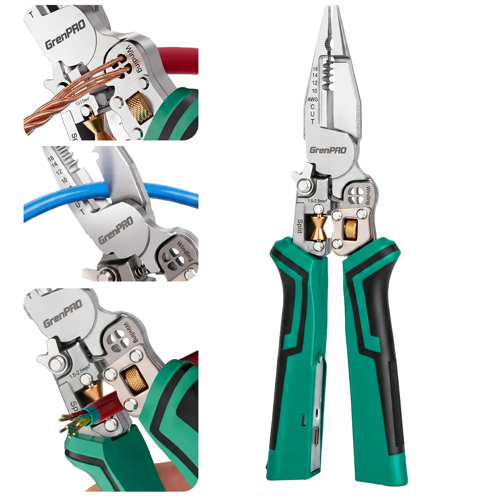 GrenPRO 8 in 1 Wire Stripper Twister for Cutting and Pulling Wires, Voltage Tester Pliers,Cable Scissors, 12V to 250V Live,Null,Hot Wire Judgment AC DC, Audible and Flashing LED Alarms