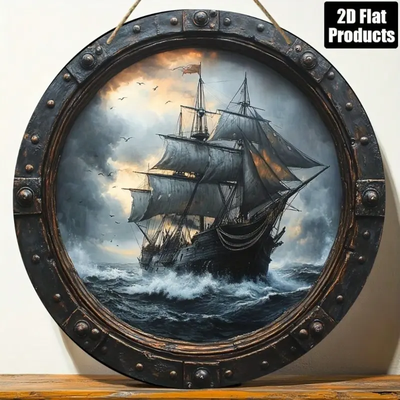 Vintage Pirate Ship 2D Flat Round Aluminum Sign Plaque 8x8 Inches Rustic Design Nautical Wall Decor for Home Bar Kitchen Cafe Living Room