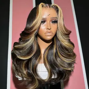 Layered Cut Salon Hairstyles Highlight Color Body Wave 13x4 Transparent Lace Front Wig with Curtain Bangs 100% Virgin Human Hair 180% Density