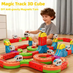 Rail Cube Electric Train Set for Kids 3D Racing Track with Electric Magnetic Train & Traffic Signs STEM DIY Toy for Boys Girls Aged 3,5,6,8,10 Birthday Gif trail cube Gravity-Defying