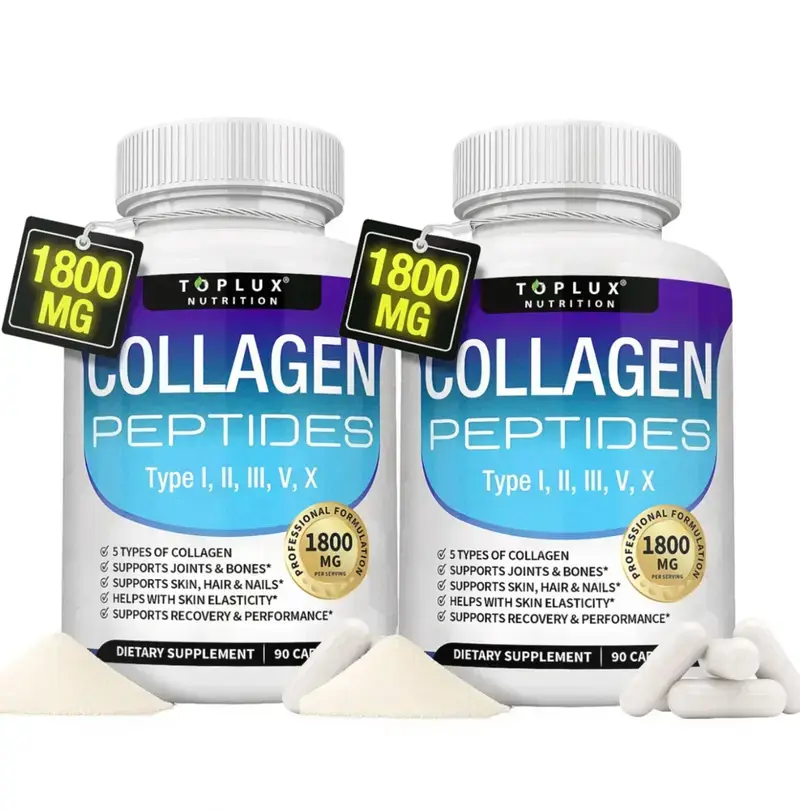 Toplux Nutrition Collagen Peptides 5 Types Complex 1800mg US Made Dietary Supplement for Health Beauty Fitness 90 Capsules