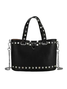 Women's Rivet Tot Bag, Punk Style Handbag, Chain Shoulder Crossbody Bag, Sweet Cool Girl Fashion, Vintage Rock Rivet Tot Bag, Large Capacity Soft Leather Bag