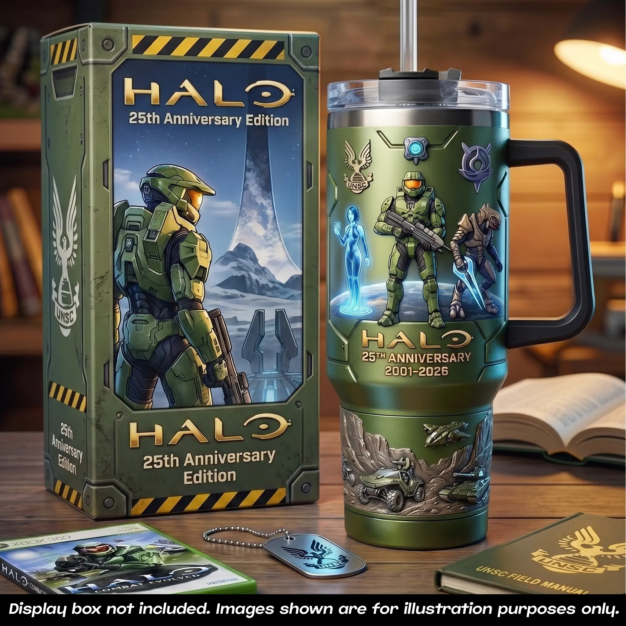 Halo 25th Anniversary 2001-2026 40oz Tumbler With Handle, UNSC Master Chief Petty Officer John-117 Travel Mug, Stainless Steel Insulated Coffee Cup, Video Game Sci-Fi Gamer Merchandise Gifts, Car Cup Holder Drinkware Mug