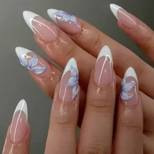 24pcs Long Almond Shape French Blue Flower Acrylic Press-On Nails Set, Flower Design Nails, Includes Jelly Glue and Nail File, Easy Wear, Perfect for Parties