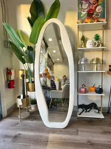 Custom Made Full Body Mirror 63 x 24 Inch, Irregular Wavy Standing Wall Mirror, Soft White Velvet Frame Large Floor Mirror for Bedroom Decor Reflection Multicolor