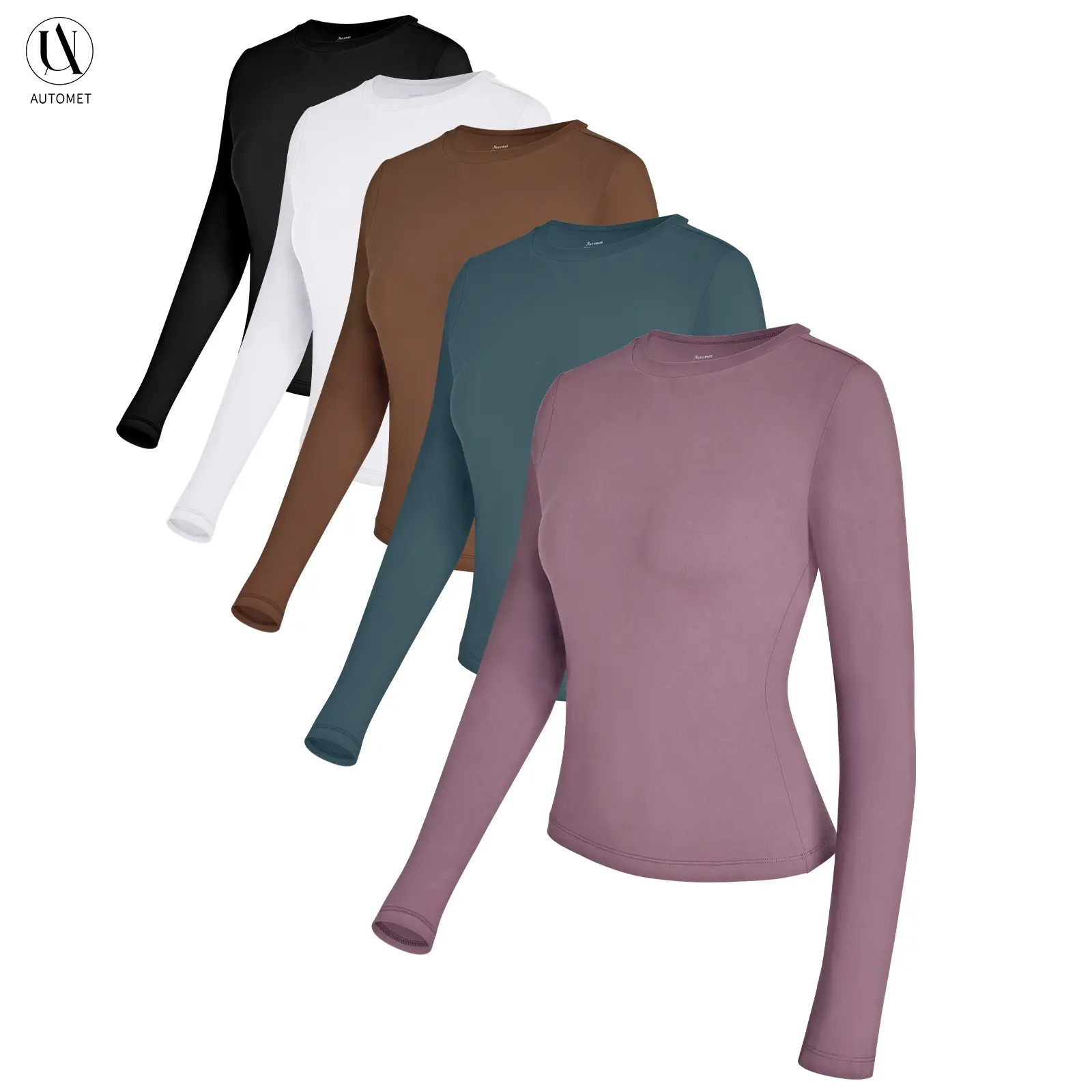 AUTOMET Women's 5-Piece Long Sleeve Basic Crop Tops - Round Neck, Soft Fabric, Slim Fit, Fall Fashion, Y2K Casual Streetwear (Sports & Outdoor Going-Out Tops)
