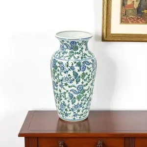 HomeRoots 574213 24 in. White Blue & Green Chinoiserie Porcelain Table Vase