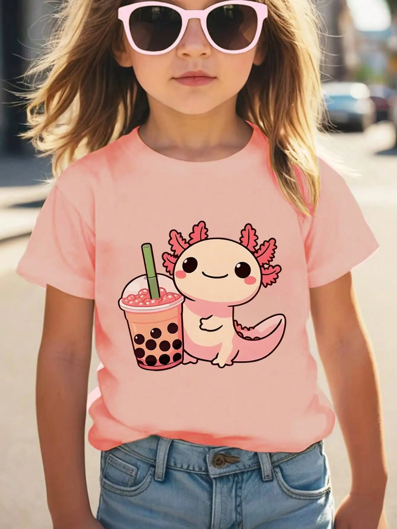 Girls' Cute Graphic T-Shirt with Axolotl Print, Colorful Style 100% Cotton Woven Fabric Top, Casual Machine Washable Crewneck for a Back to School Haul, Cute Tops