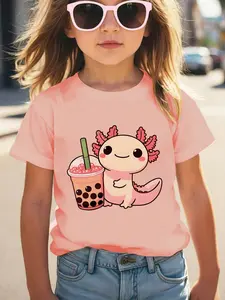 Young Girl's Cartoon Axolotl Print Round Neck Short Sleeve Tee Spring And Summer Casual T Shirt For Kids Fruit Tshirt cute clothes school Funny Graphic Tee