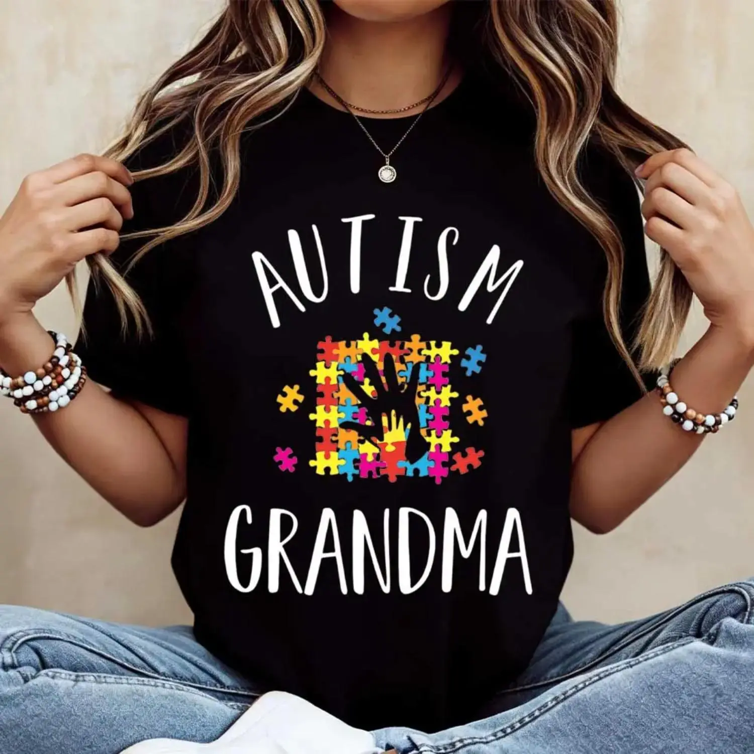 Casual Loose Fit Autism Awareness Gift T Shirt Featuring Grandma Puzzle Pieces Print for Women
