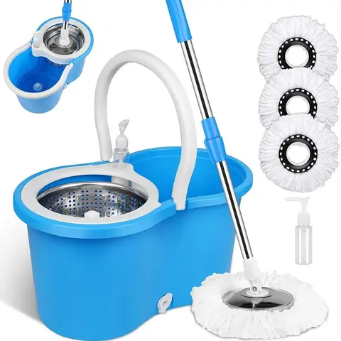 Spin Mop and Bucket Wrings Set with 3 Microfiber Refills, 61'' Adjustable & ExtendableStainless Steel Pole Rod Household Cleaning Plastic items Box