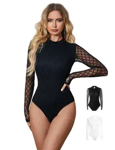 Women's Bodysuits Sexy Piece Long Sleeve Crew Neck Tops Bodysuits Soft Stretchy Womenswear Underwear Sheer Mesh Bodysuit Turtleneck Neck Long Sleeve See Through Leotard Clubwear Tops S-2XL
