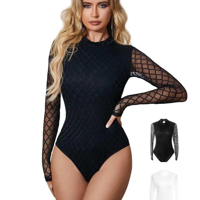 Women's Bodysuits Sexy Piece Long Sleeve Crew Neck Tops Bodysuits Soft Stretchy Womenswear Underwear Sheer Mesh Bodysuit Turtleneck Neck Long Sleeve See Through Leotard Clubwear Tops S-2XL