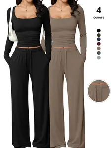 Women's Long Sleeve Square Neck Pajama Set, Casual Loose Fit Home Wear, All-Season Comfortable Fabric, Thickened Design, New 2026 Model, Loungewear