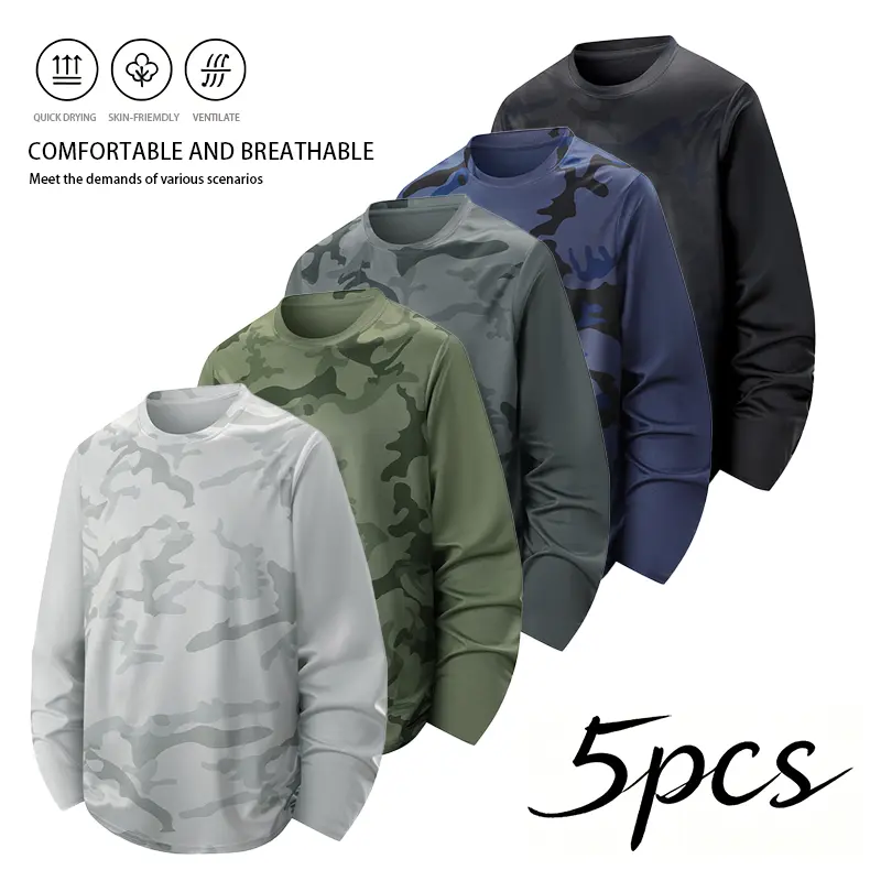 Men's Camouflage Long Sleeve Quick-Dry Polyester Base Layer Shirt - All Seasons Performance Top for Running, Hiking | Breathable Menswear
