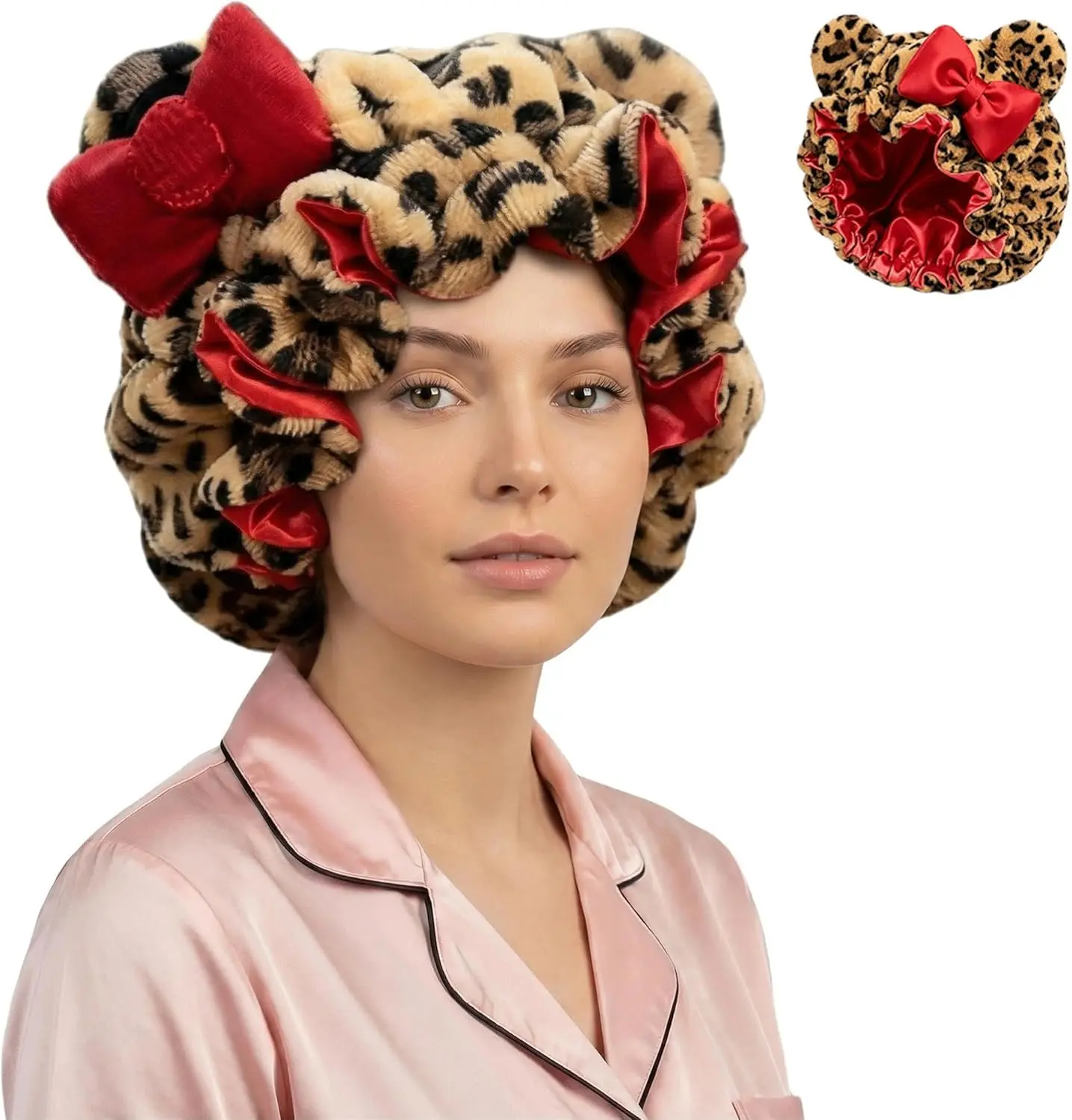 Cute Leopard Print Teddy Bonnet Sleep Bonnet for Women Soft Satin-Lined Spa Headband with Bow for Hair Protection(Red)