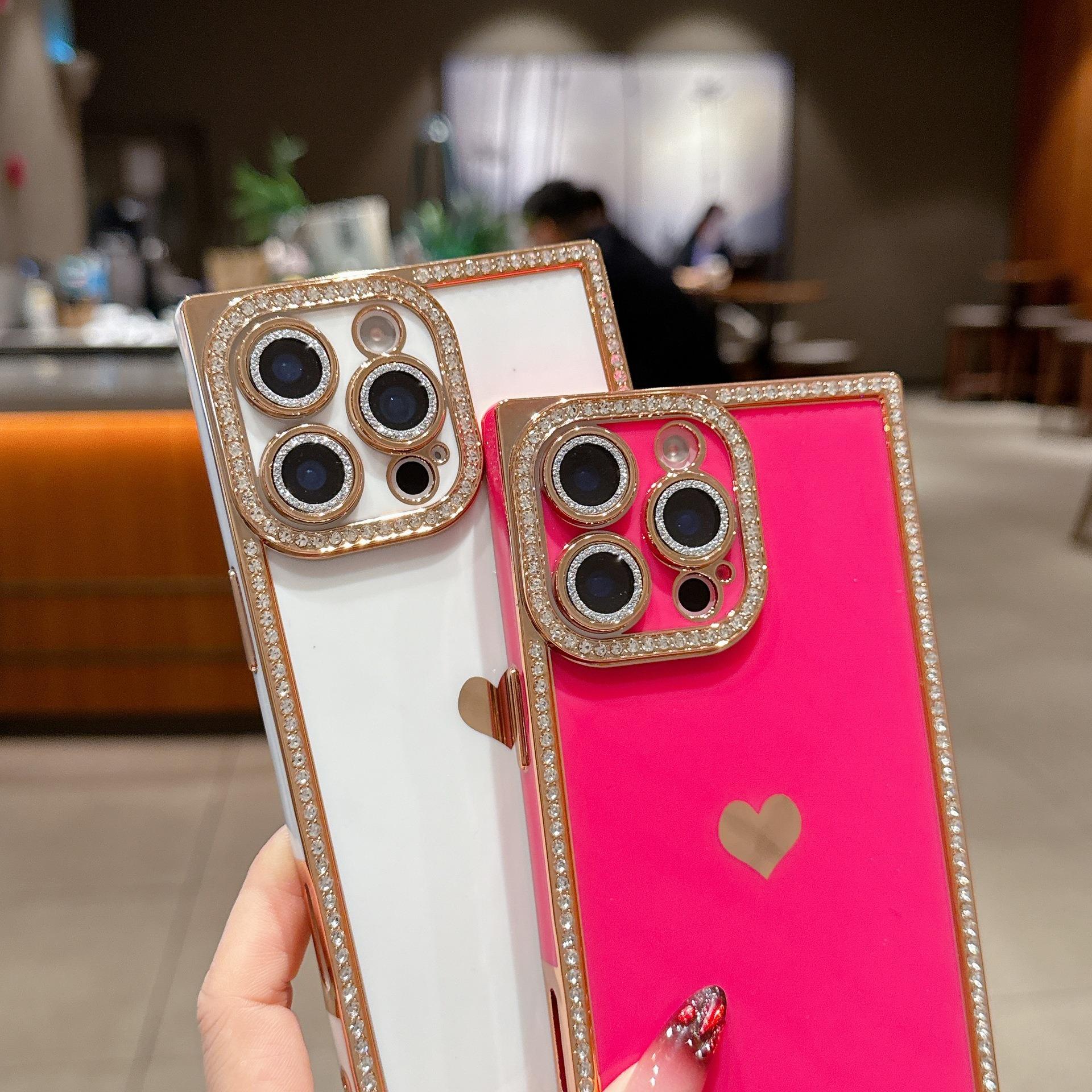 Luxury Rhinestone Square Edge Phone Case, Bling Diamond Full Camera Protection Shockproof Cover with Heart Design for IP 16 Pro max, 15 plus, 14, 13 junk