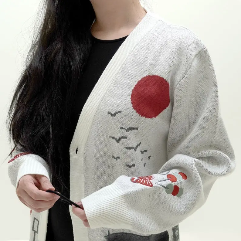 Konbini Corner Knitted and Embroidered Cardigan - White Minimalist Storefront Design with Unisex Sizing and Double Pockets
