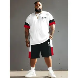 Plus Size Men'S Two-Piece Set Featuring a Short-Sleeve T-Shirt And Shorts - a Casual Summer Outfit in Red And Black.