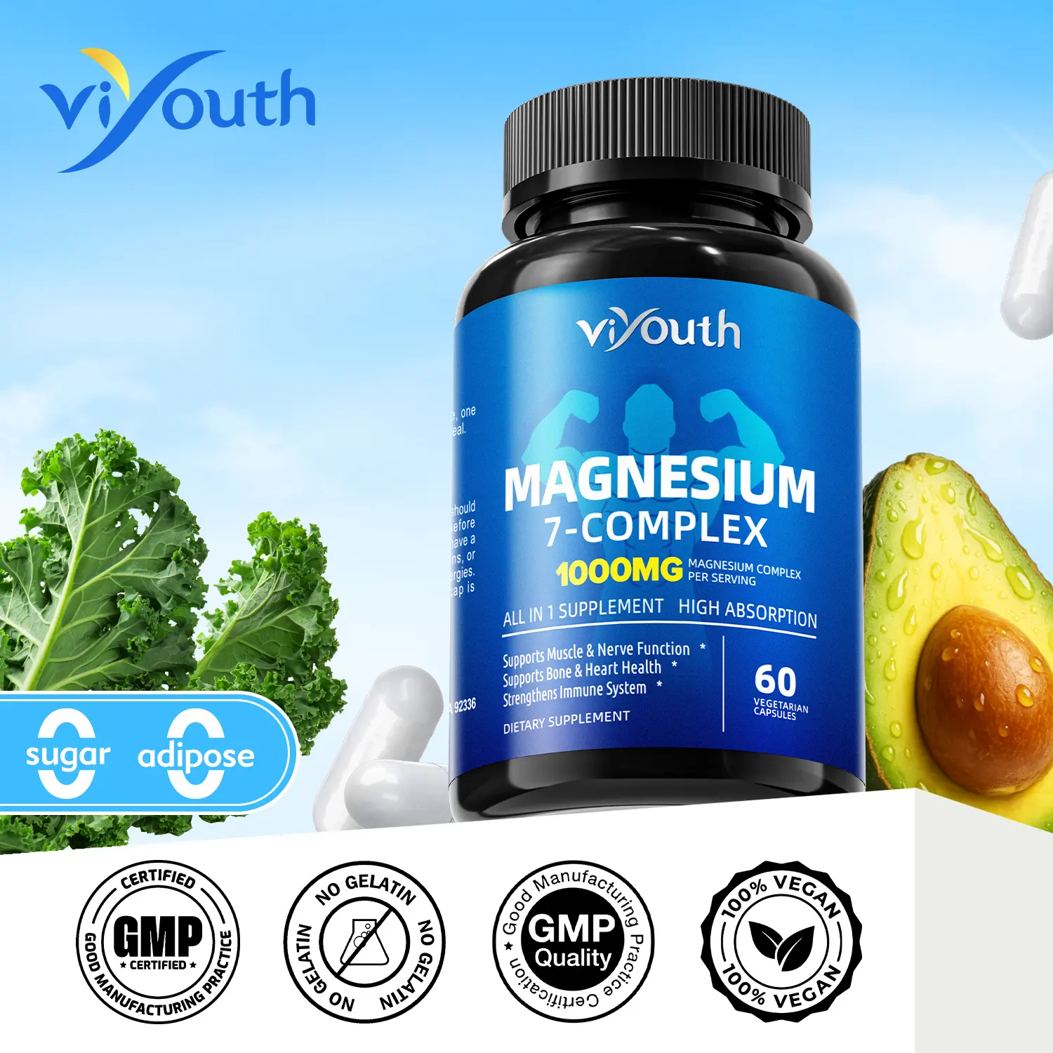 Viyouth 1000mg Magnesium Complex Dietary Mineral Complex Capsules, 7-in-1 High Absorption Daily Dietary Supplement Stack with Zinc & Vitamins for Bone Health, 60 Capsules, Gluten-Free Comprehensive Nutrition Supplement, Gut Support, Gmo Free