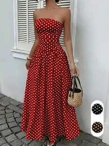 Women's Polka Dot Print Waist Cinching Strap Dress, Vacation Style, Casual Sundress, Long Maxi Dress, Spotted Dress