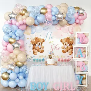 Bear Gender Reveal Decorations - Balloon Boxes with Letters - Pink Blue Nude Balloon Arch Kit - Teddy Bear Baby Shower Backdrop - 158pcs