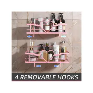 Pink Shower Caddy With 4 Removable Hooks, 2 Packs Sweet Heart Shower Shelves,No Drilling Adhesive Organizer Shelf For Bathroom Shower,Kitchen,Bedroom Home Bathroom Decor Bathroom Organizer Summer Back To School