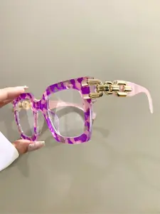 Fashion Colorblock Chain Decor Eyeglasses, Stylish Square Frames, Vintage Boho Style Eyeglasses for Women & Men, Fashion Eyeglasses for Work, Daily Clothing Decor