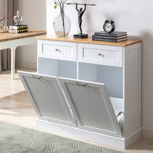 Double Tilt Out Trash Cabinet 20 Gallon, Freestanding Wooden Kitchen Trash Recycling Cabinet with Drawer & Removable Cutting Board, Dog Proof Trash Can Cabinet, White/Black/Grey