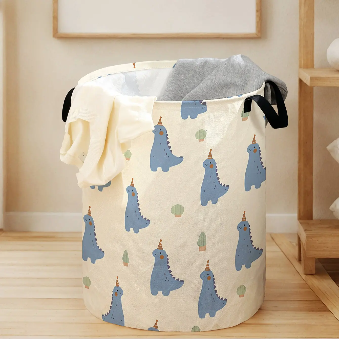 Cartoon Dinosaur Print Laundry Basket with Handles, Durable and Foldable Large Capacity Hamper, Ideal Toy Storage Basket for Home Use