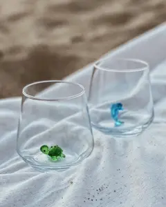 Wine Glass / Water Cup Set of 2 with Handmade Animal Dolphin and Turtle Figures, Handmade Glassware, Cute Tumbler, Father's Day Gift