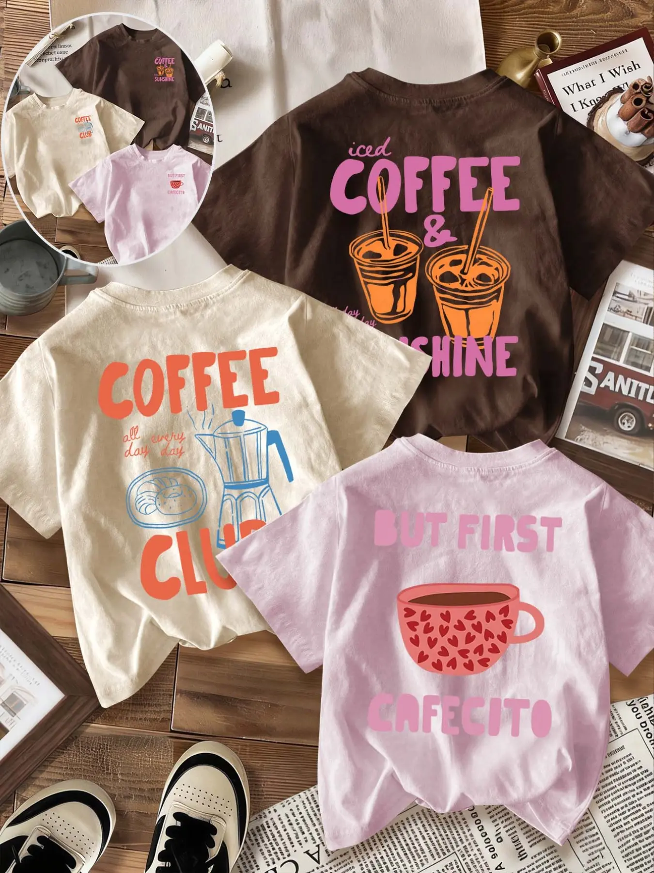 Breathable Casual Classic T-Shirt Top, Loose-Fit Round Neck Design, Coffee & Beverage Print, Fashion Comfort, Daily Wear, 3-Pack Set