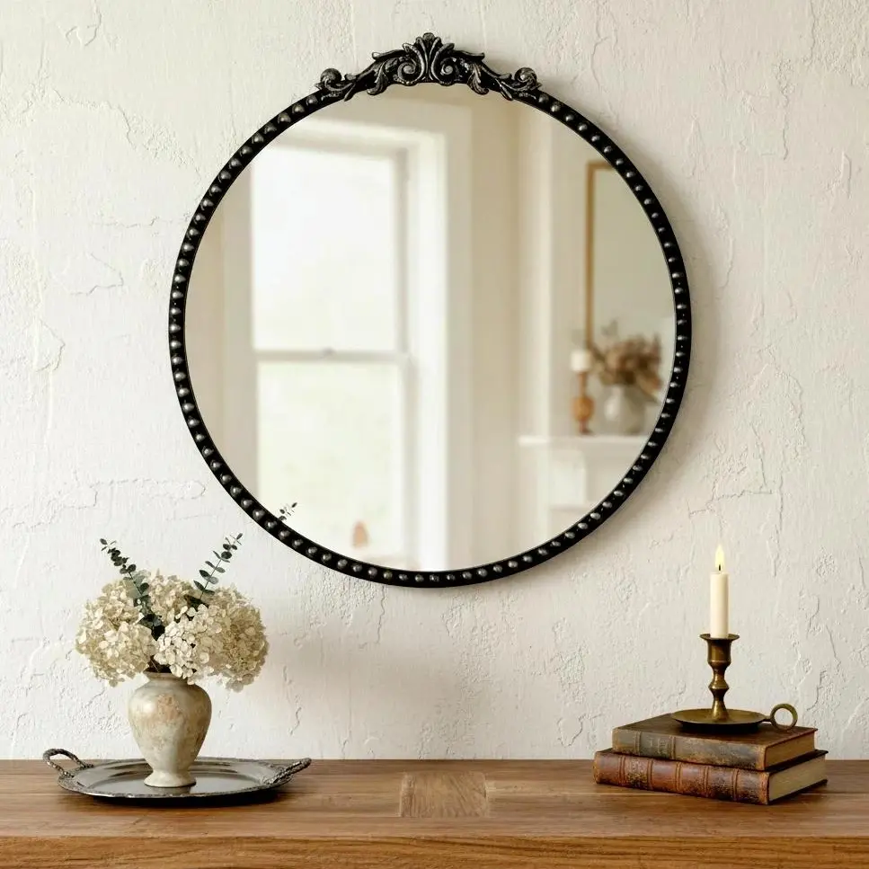 24" Round Black Ornate Wall Mirror Gothic Vintage Decor with Intricate Hand-Carved Patterns for Entryway Bedroom & Living Room Accent Walls Durable Design Luxe Charm Hanging