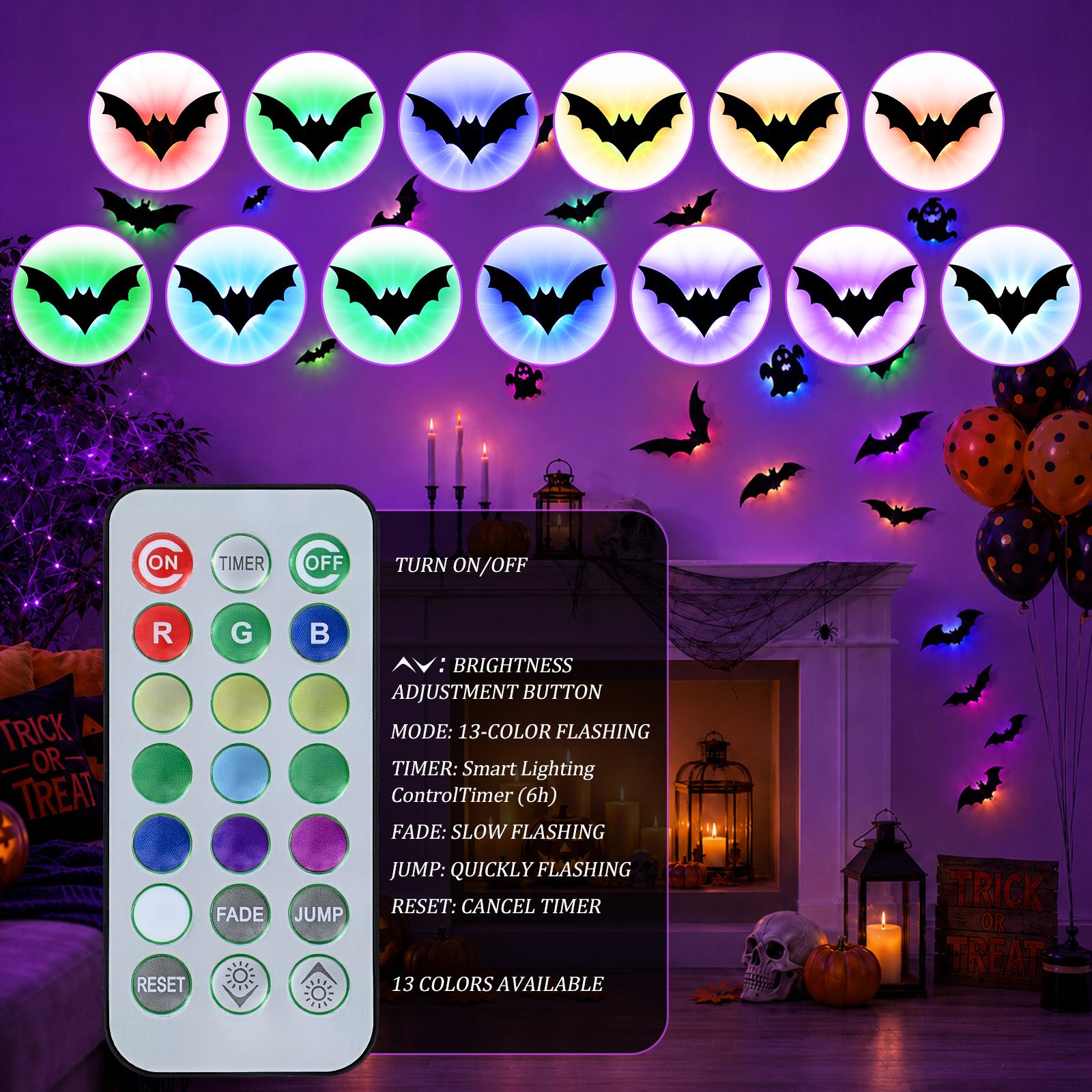 24 PCS Halloween 3D Bat Wall Decoration with 12 LED Lights, Remote Control, 13 Colors, 6H Timer, Thick PET Stickers (10 Sizes) & Painter's Tape - Halloween Decor for Walls, Windows, Creepy Vibe Parties, Led Lighting 24 PCS Halloween 3D Bat Wall Decoration with 12 LED Lights, Remote Control, 13 Colors, 6H Timer, Thick PET Stickers (10 Sizes) & Painter's Tape - Halloween Decor for Walls, Windows, Creepy Vibe Parties, Led Lighting