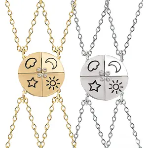 Set of 4 Round Rhinestone Matching Sun, Moon, Star & Cloud Friendship Necklace, Magnetic Friendship Puzzle Nacklace, Bestie & Sister Jewelry for Unbrrreskable Friendship