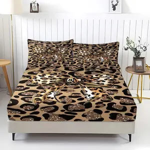3pcs leopard print bow sweet style Fitted Sheet Set, classic wild fashionable leopard print and glittery spotted Bedding Set, Soft Cozy Microfiber Bedspreads, Perfect  luxurious Home Decor!Includes 2 Pillowcases, No Pillow Core.