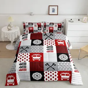 Red Fire Truck Car Bedding Set,Firefighter Comforter Set,Fire Engine Comforter,Firemen Car Vehicle Duvet Set,Twin Size with 1 Pillow Case